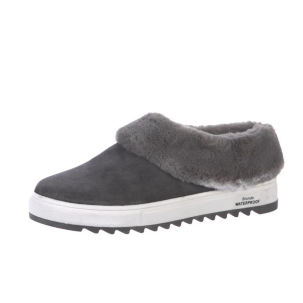 Blondo Gray Mules with Suede-like Upper and Fuzzy Lining